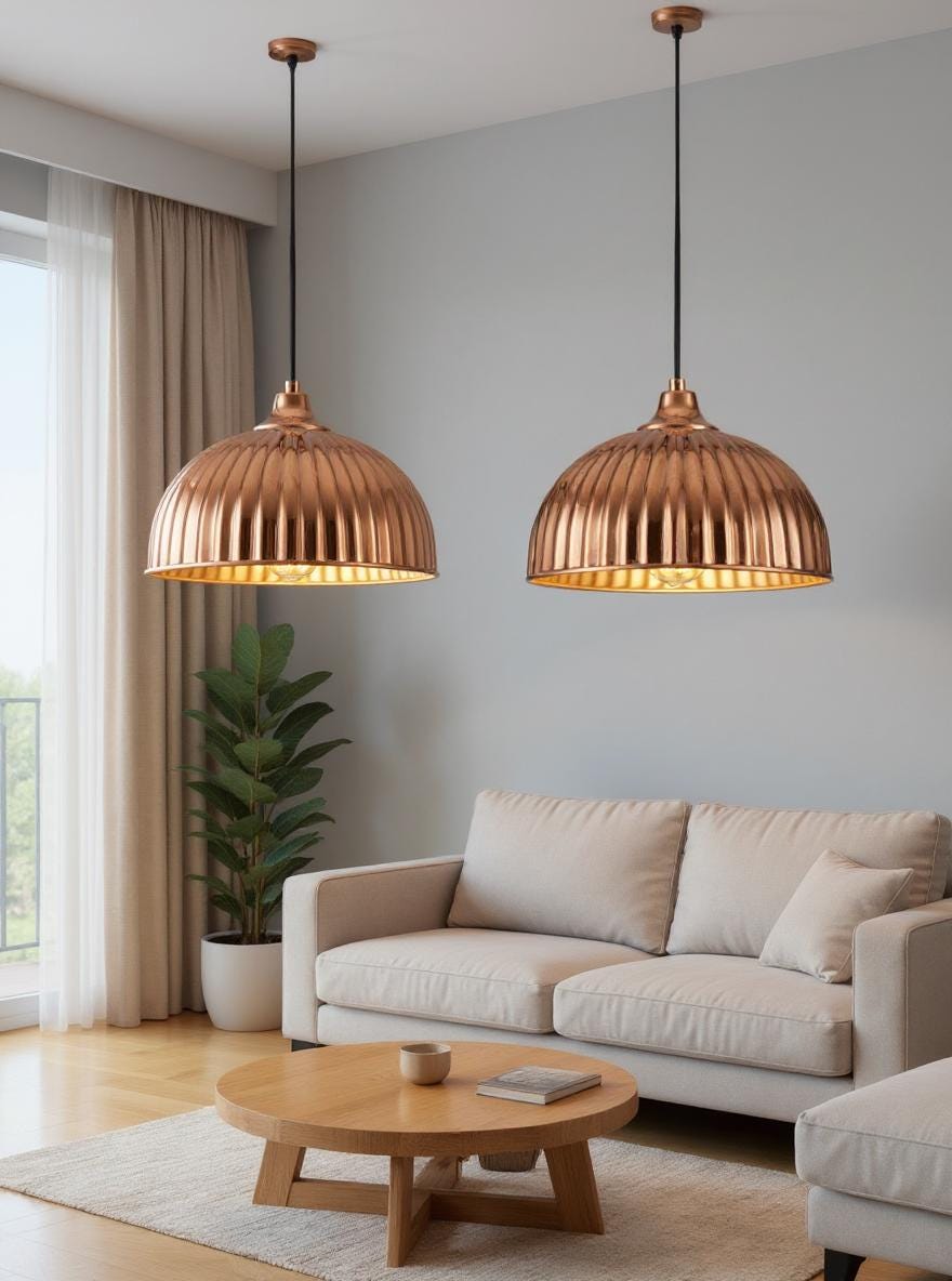 Handmade Ribbed Copper Pendant Light - Moroccan Brass Ceiling Lamp