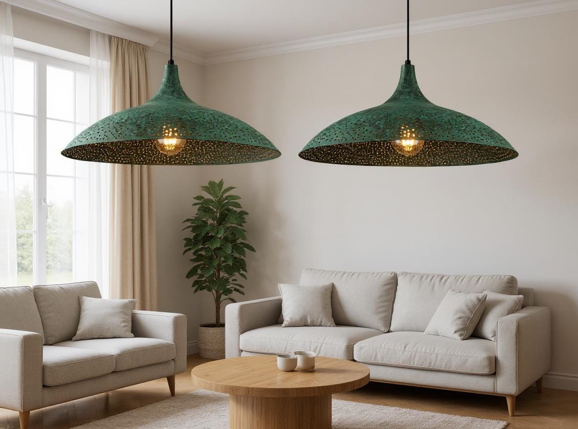 Handmade Green Patina Brass Pendant Light: Moroccan Ribbed Dome