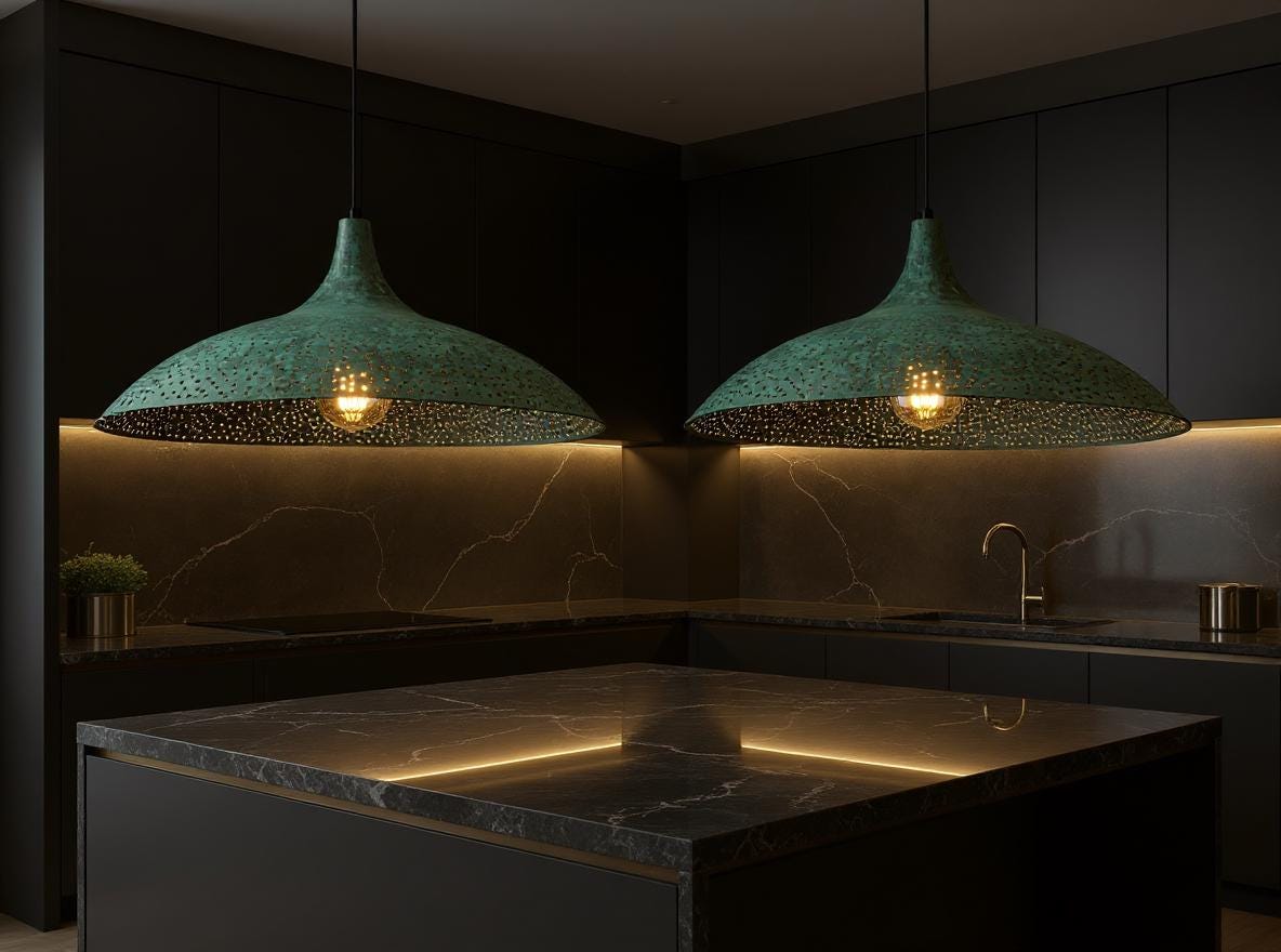 Handmade Green Patina Brass Pendant Light: Moroccan Ribbed Dome