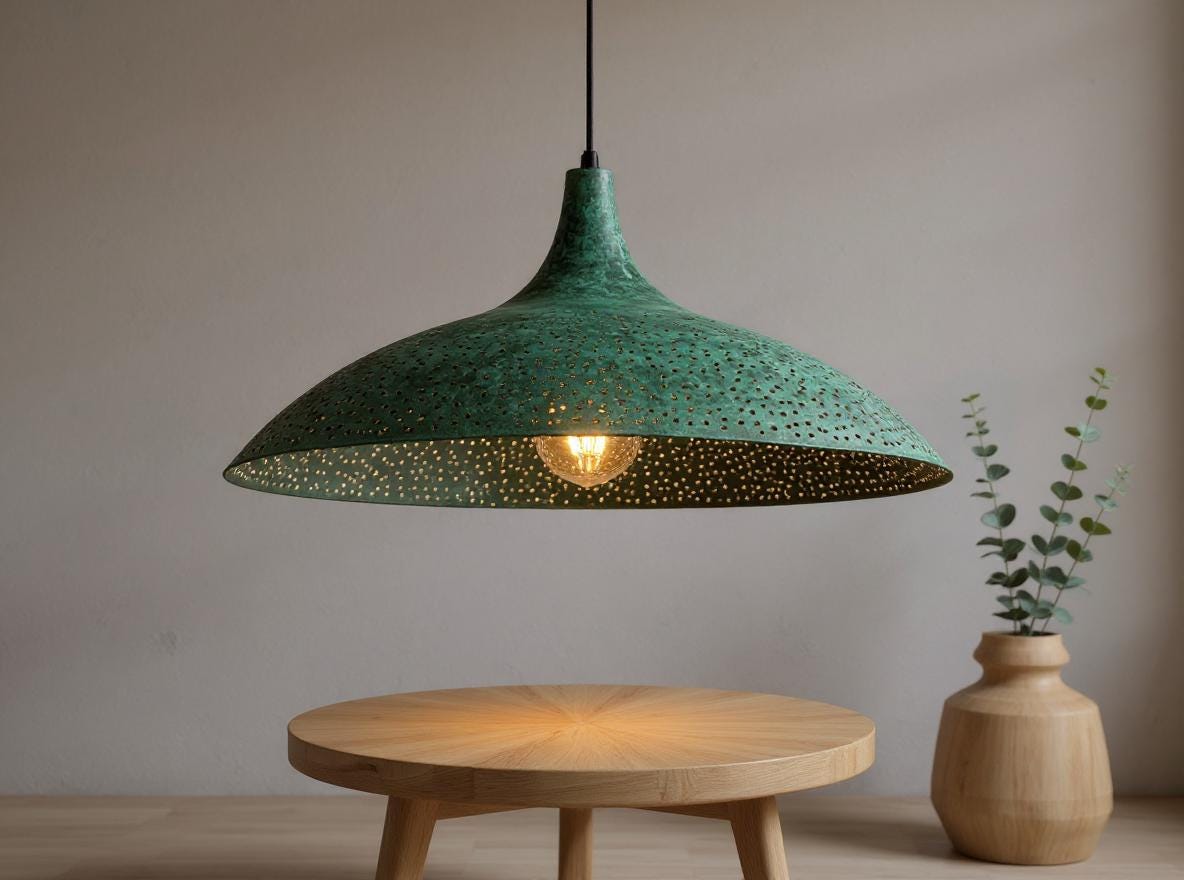 Handmade Green Patina Brass Pendant Light: Moroccan Ribbed Dome