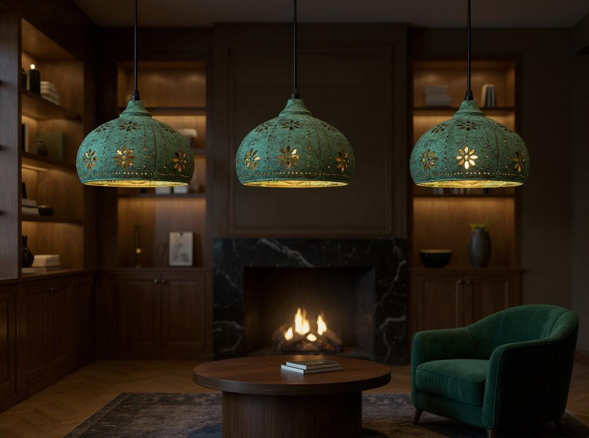 Handmade Green Patina Brass Pendant Light: Floral Moroccan Lamp