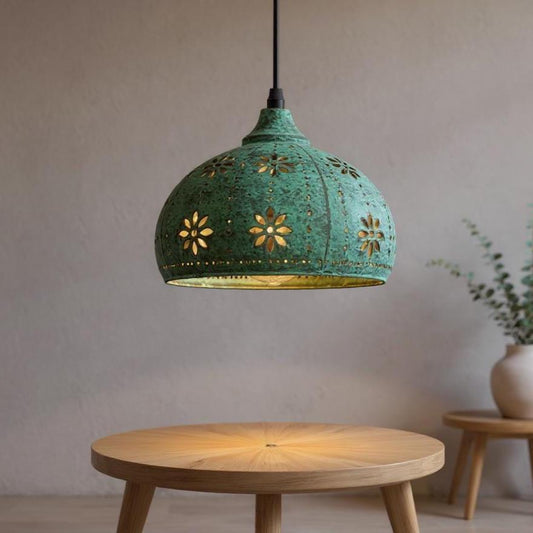Handmade Green Patina Brass Pendant Light: Floral Moroccan Lamp