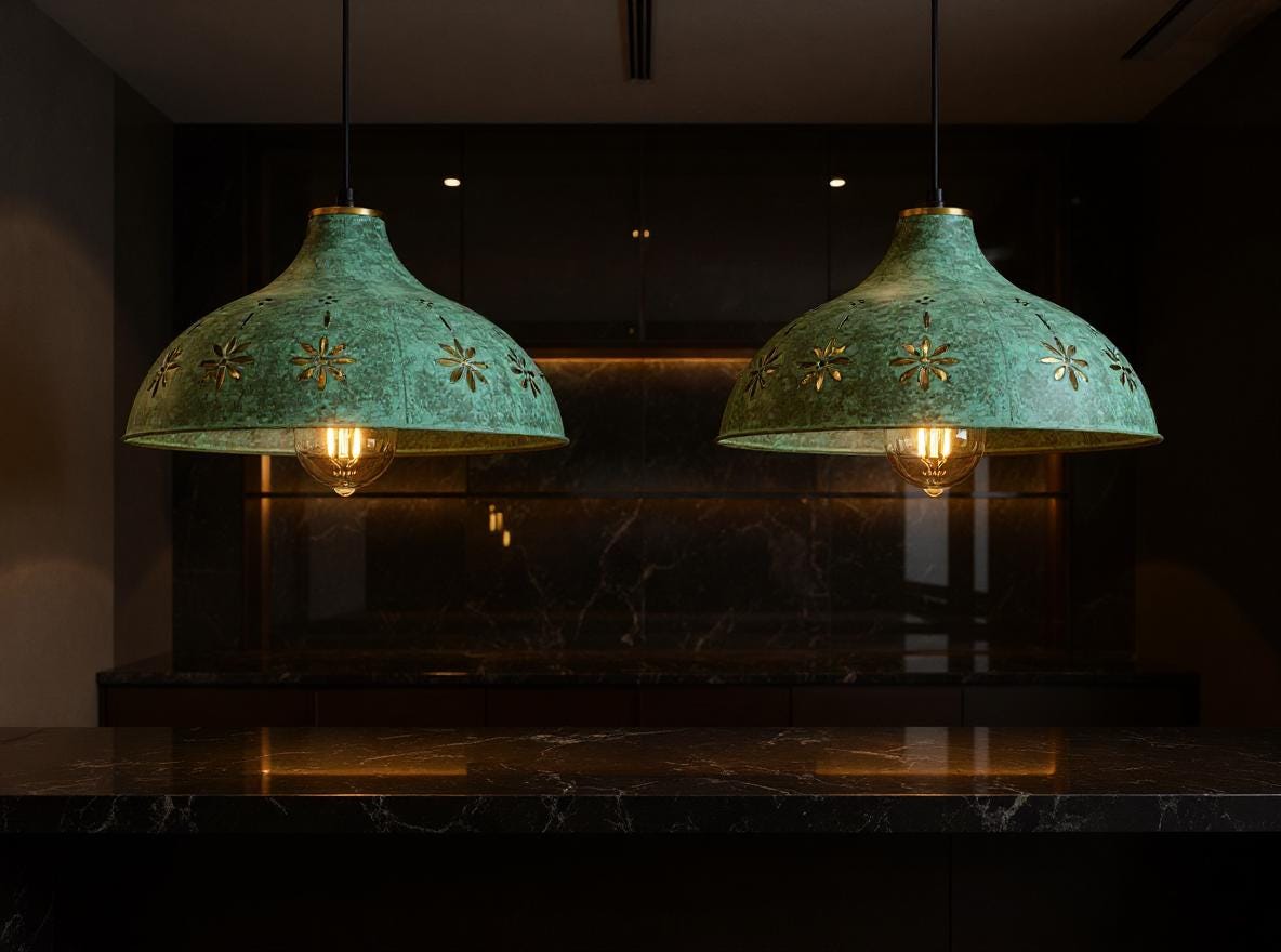 Floral Moroccan Pendant Light: Green Patina Brass Dome Lamp