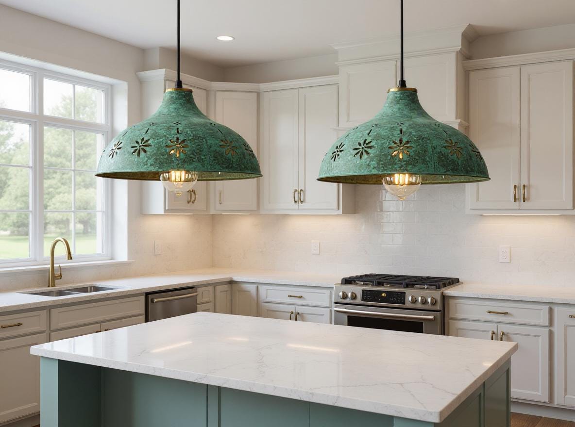 Floral Moroccan Pendant Light: Green Patina Brass Dome Lamp