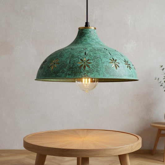 Floral Moroccan Pendant Light: Green Patina Brass Dome Lamp