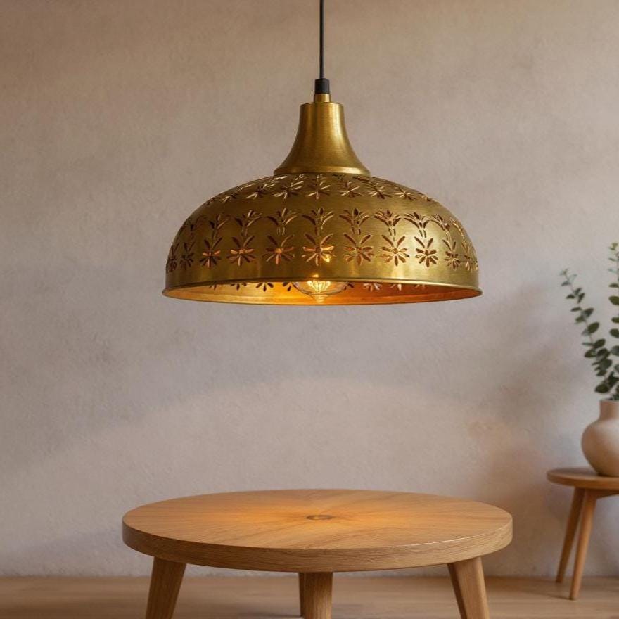 Handmade Brass Pendant Light: Floral Cut-Out Moroccan Ceiling Lamp