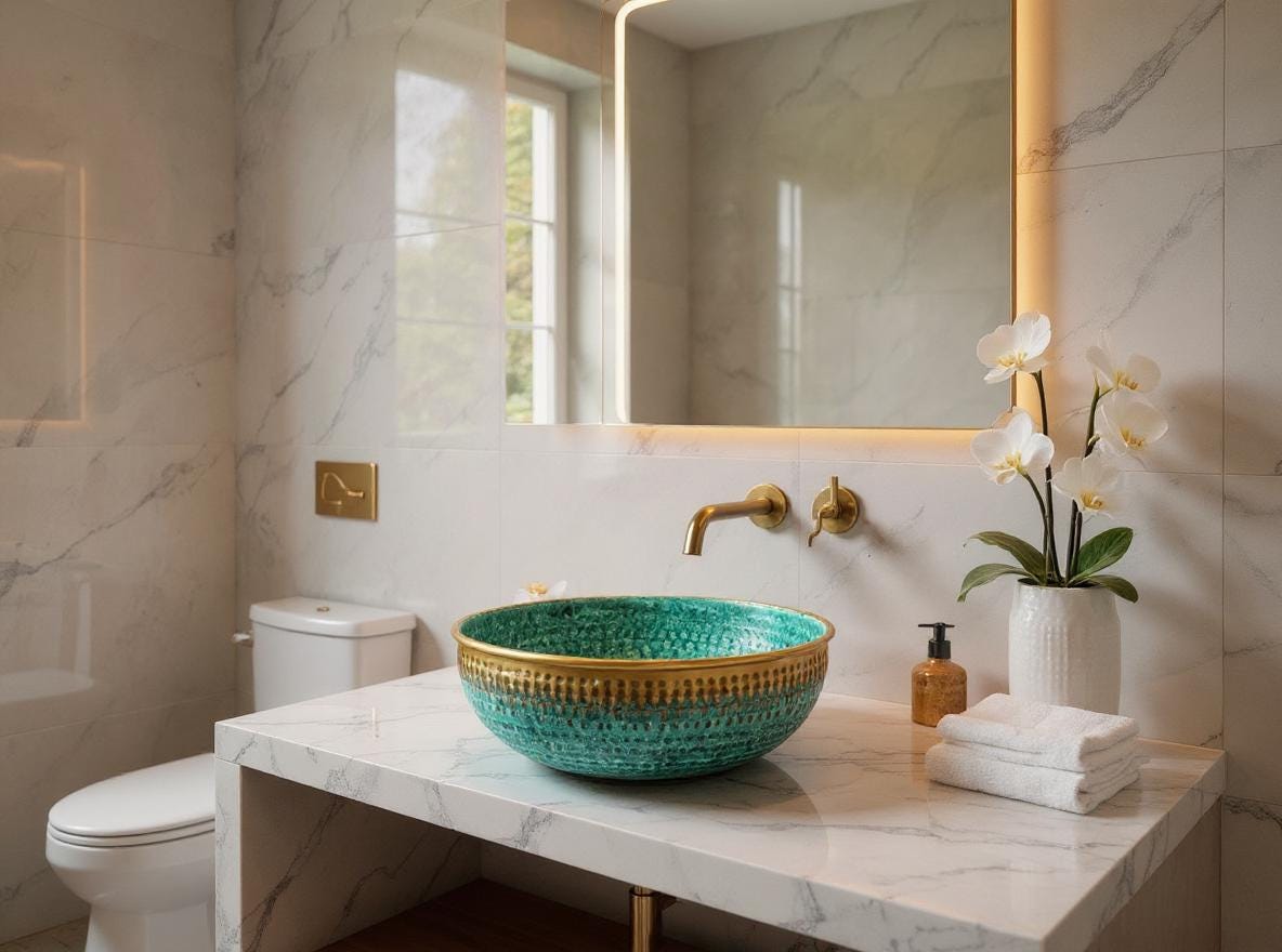 Handmade Green Patina Brass Sink – Moroccan Vanity Bowl with Gold Rim