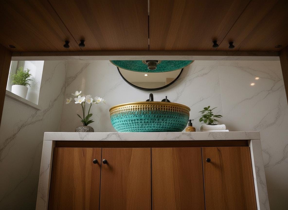 Handmade Green Patina Brass Sink – Moroccan Vanity Bowl with Gold Rim