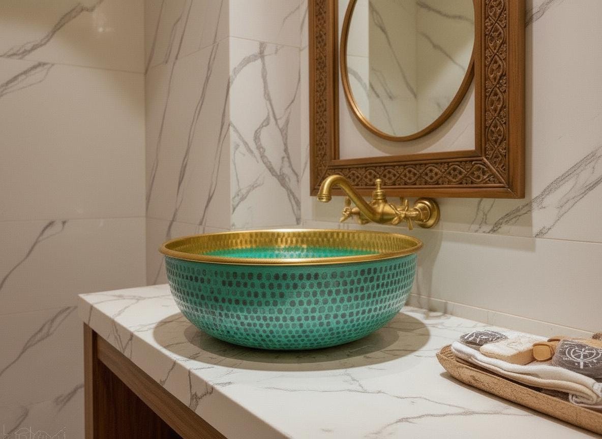 Handmade Green Patina Brass Sink – Moroccan Hammered Vessel Basin with Gold Rim | Round Bathroom Vanity Bowl | Artisanal Copper Sink