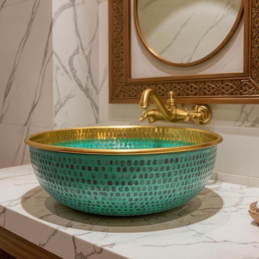 Handmade Green Patina Brass Sink – Moroccan Hammered Vessel Basin with Gold Rim | Round Bathroom Vanity Bowl | Artisanal Copper Sink