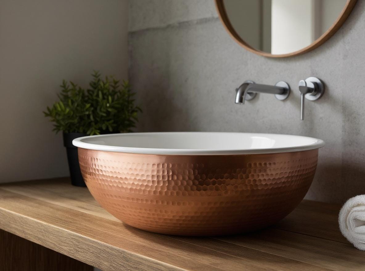 Handmade Hammered Copper Sink – White Brass Interior, Moroccan Farmhouse Vessel