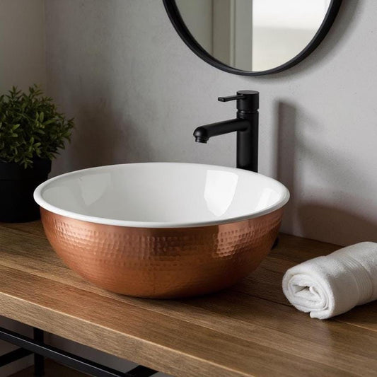 Handmade Hammered Copper Sink – White Brass Interior, Moroccan Farmhouse Vessel