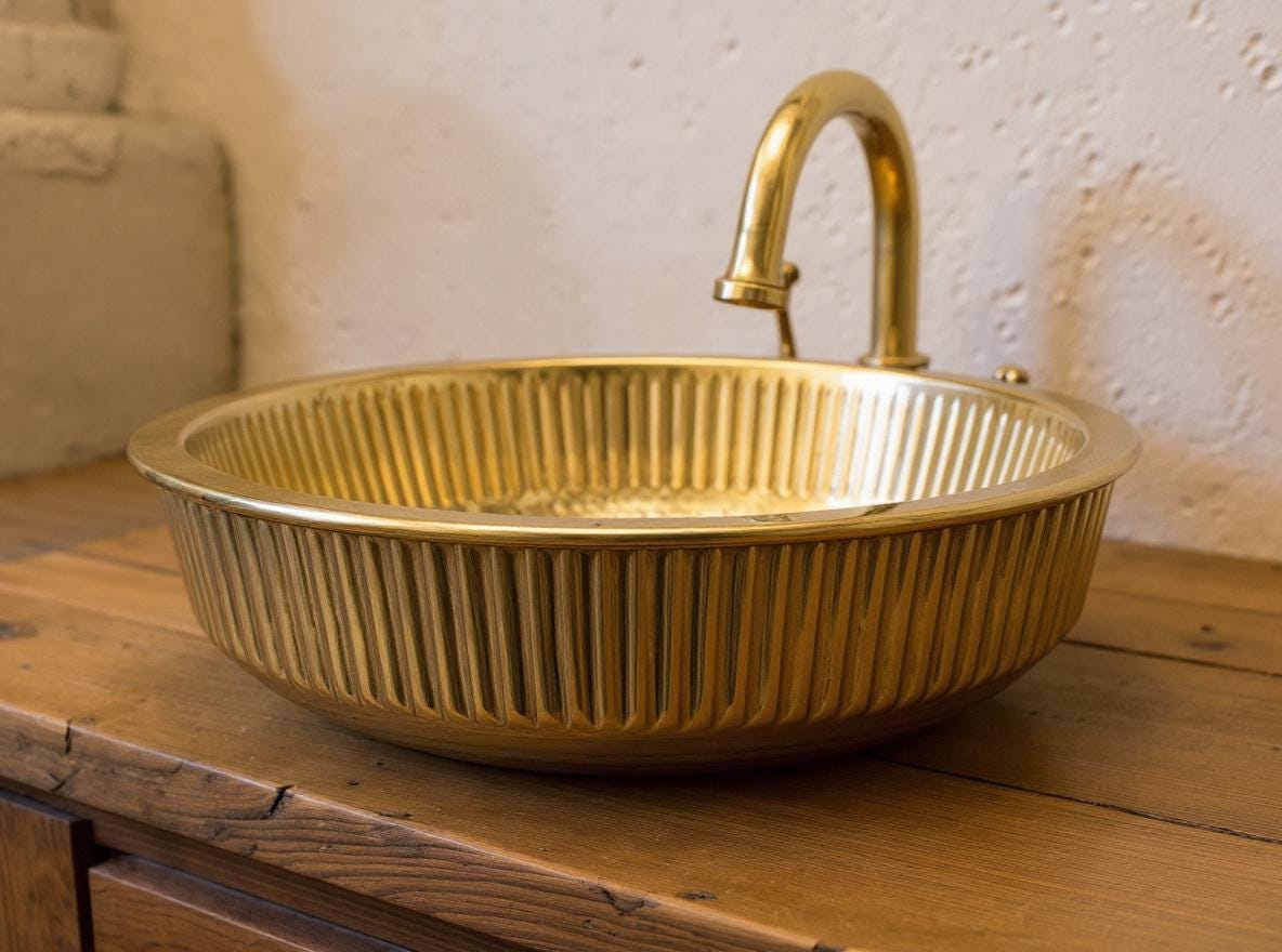 Handcrafted Polished Brass Vessel Sink, Modern Fluted Gold Bathroom Basin