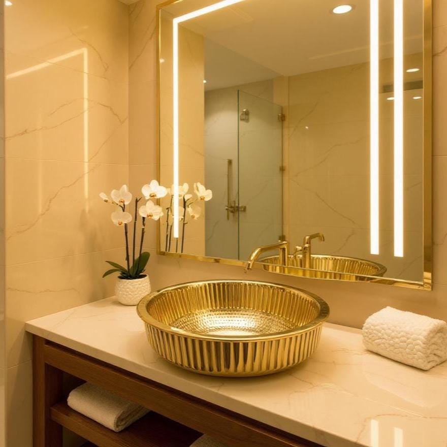 Handcrafted Polished Brass Vessel Sink, Modern Fluted Gold Bathroom Basin