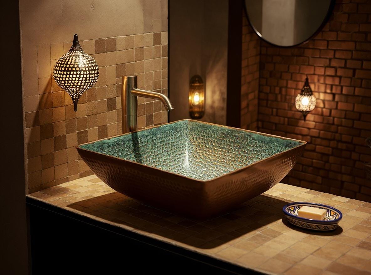 Handmade Hammered Copper Sink – Square Green Patina Vessel Basin