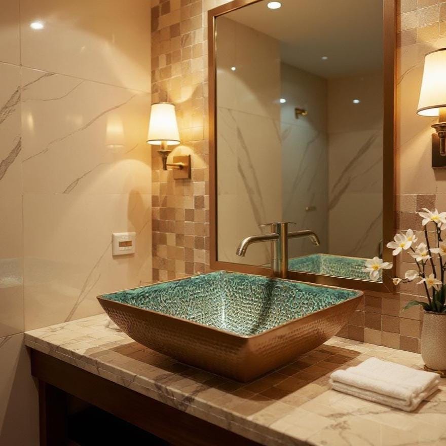 Handmade Hammered Copper Sink – Square Green Patina Vessel Basin