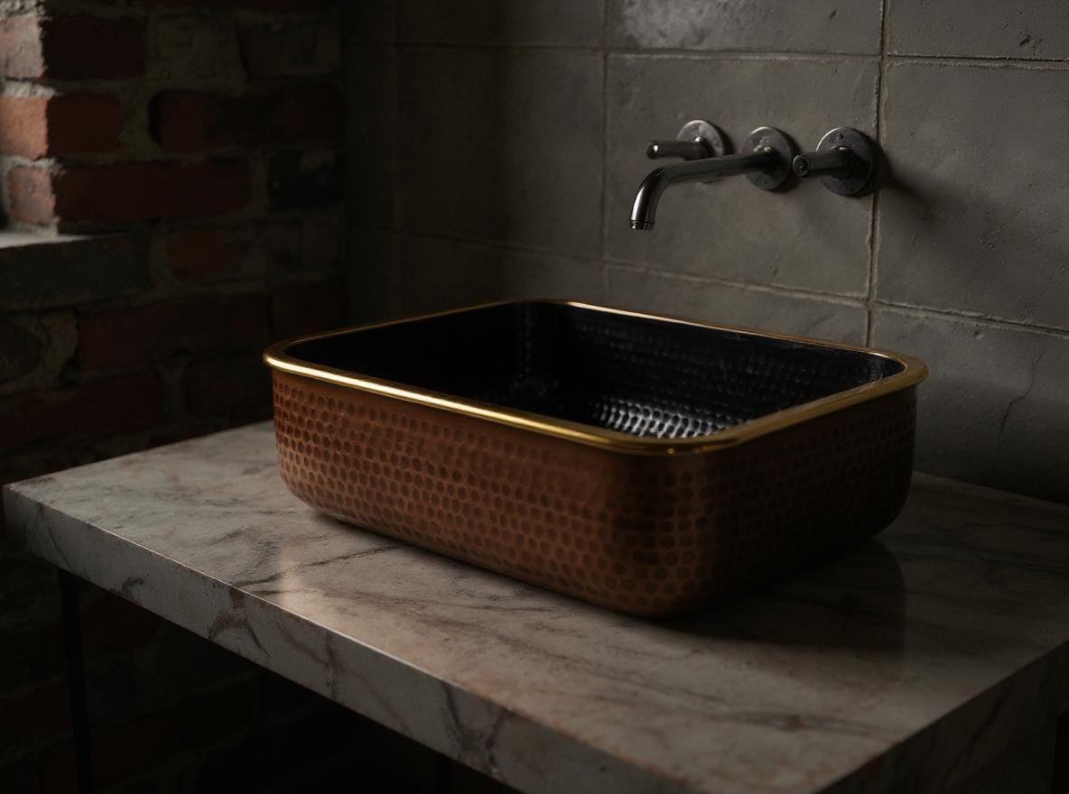 Rectangular Hammered Copper Sink with Black Interior – Handmade Brass Rim Vessel Basin, Modern Moroccan Bathroom Vanity Sink
