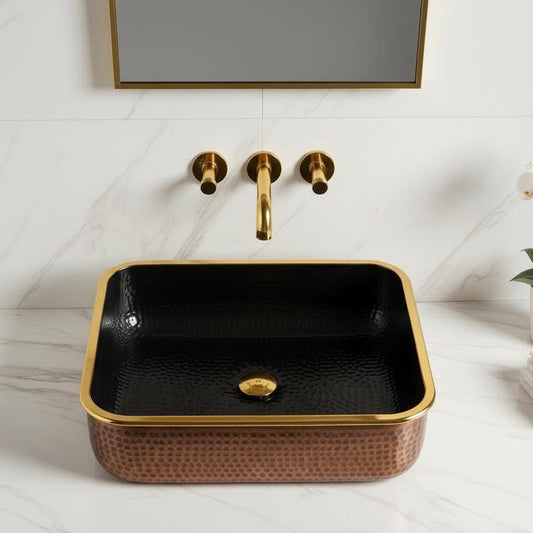 Rectangular Hammered Copper Sink with Black Interior – Handmade Brass Rim Vessel Basin, Modern Moroccan Bathroom Vanity Sink