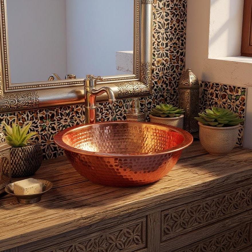 Handmade Hammered Copper Sink Bowl – Moroccan Honeycomb Vessel Basin