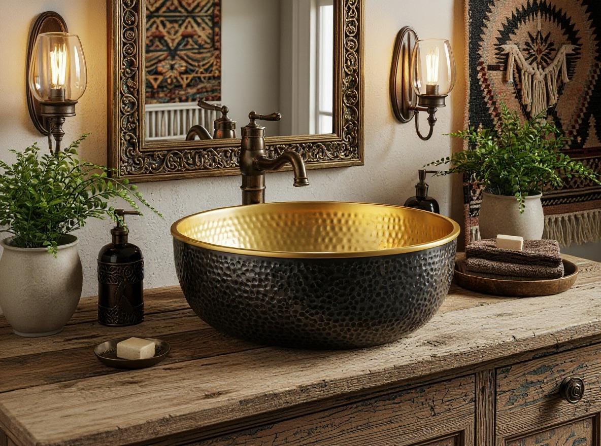 Handmade Hammered Brass Sink – Black and Gold Moroccan Vessel Basin