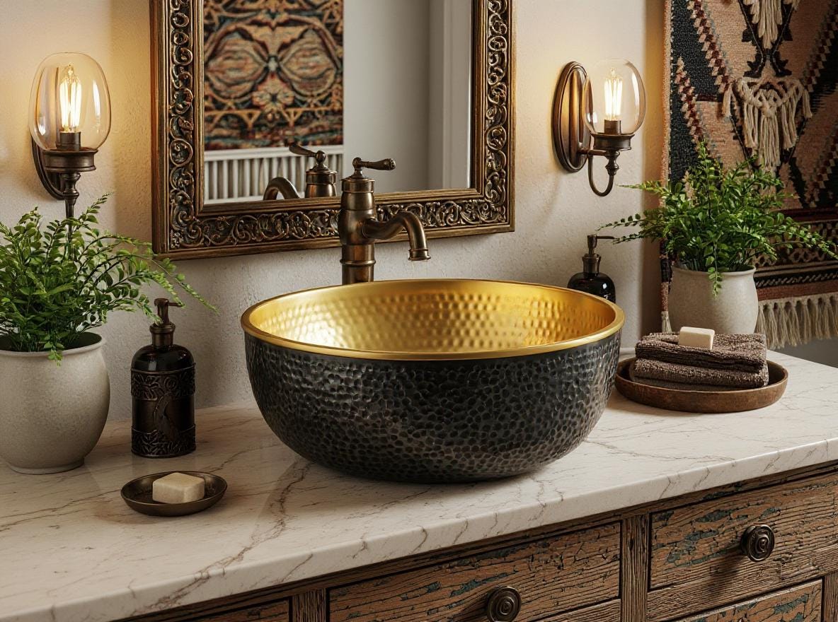Handmade Hammered Brass Sink – Black and Gold Moroccan Vessel Basin