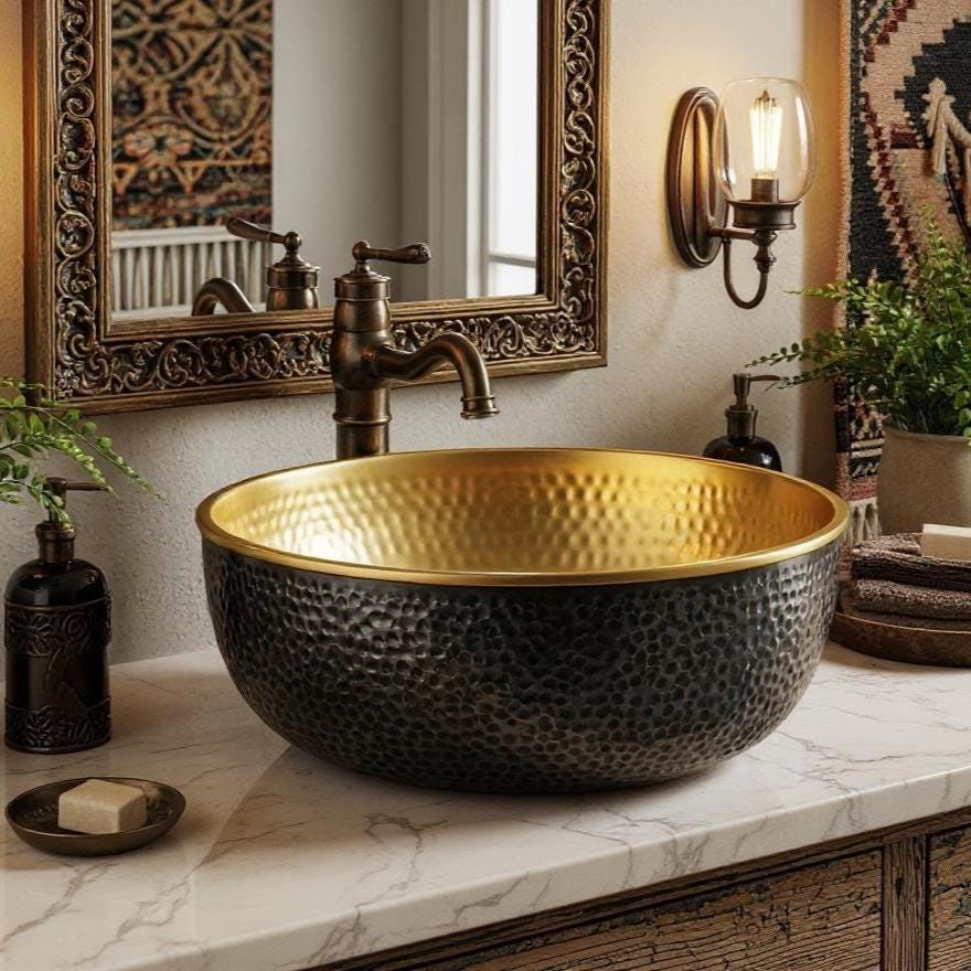 Handmade Hammered Brass Sink – Black and Gold Moroccan Vessel Basin