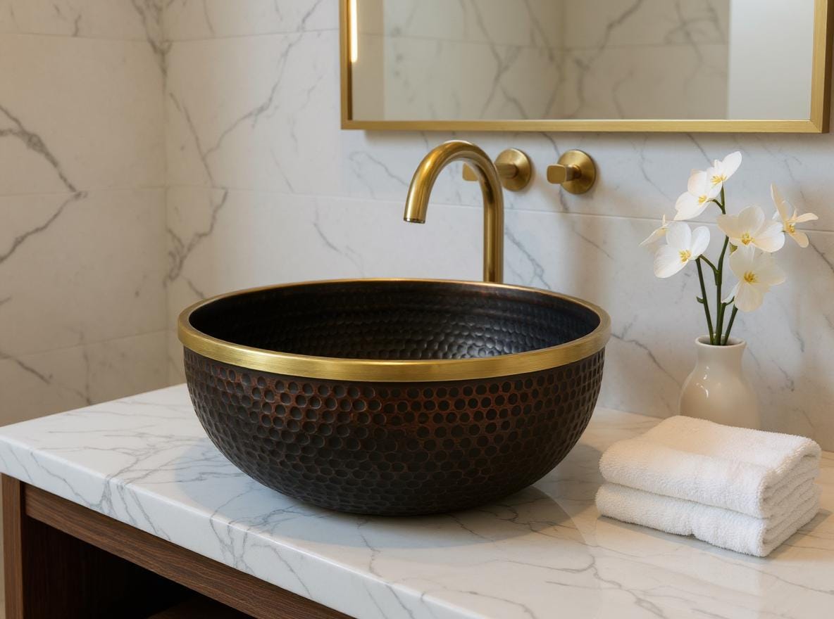 Luxury Hammered Copper Sink – Round Vessel Bowl with Brass Rim – Modern Moroccan Vanity Basin
