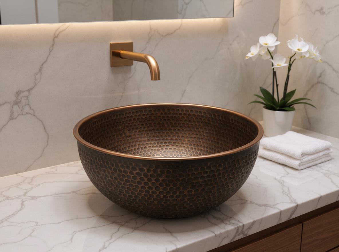 Handmade Copper Bathroom Sink – Hammered Round Vessel Basin, Antique Patina Finish, Moroccan Vanity Bowl