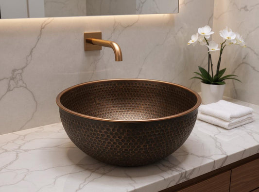 Handmade Copper Bathroom Sink – Hammered Round Vessel Basin, Antique Patina Finish, Moroccan Vanity Bowl