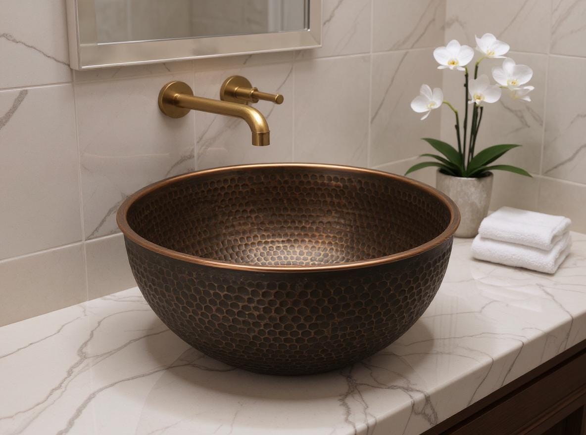 Handmade Copper Bathroom Sink – Hammered Round Vessel Basin, Antique Patina Finish, Moroccan Vanity Bowl