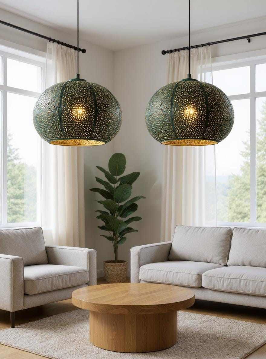 Handmade Green Patina Brass Pendant Light: Moroccan Perforated Dome