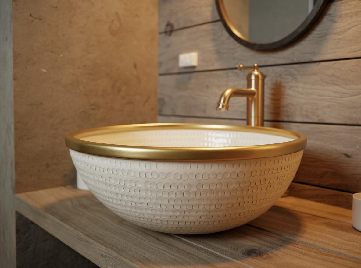 Handmade White Ceramic Vessel Sink with Brass Rim – Modern Moroccan Bathroom Bowl
