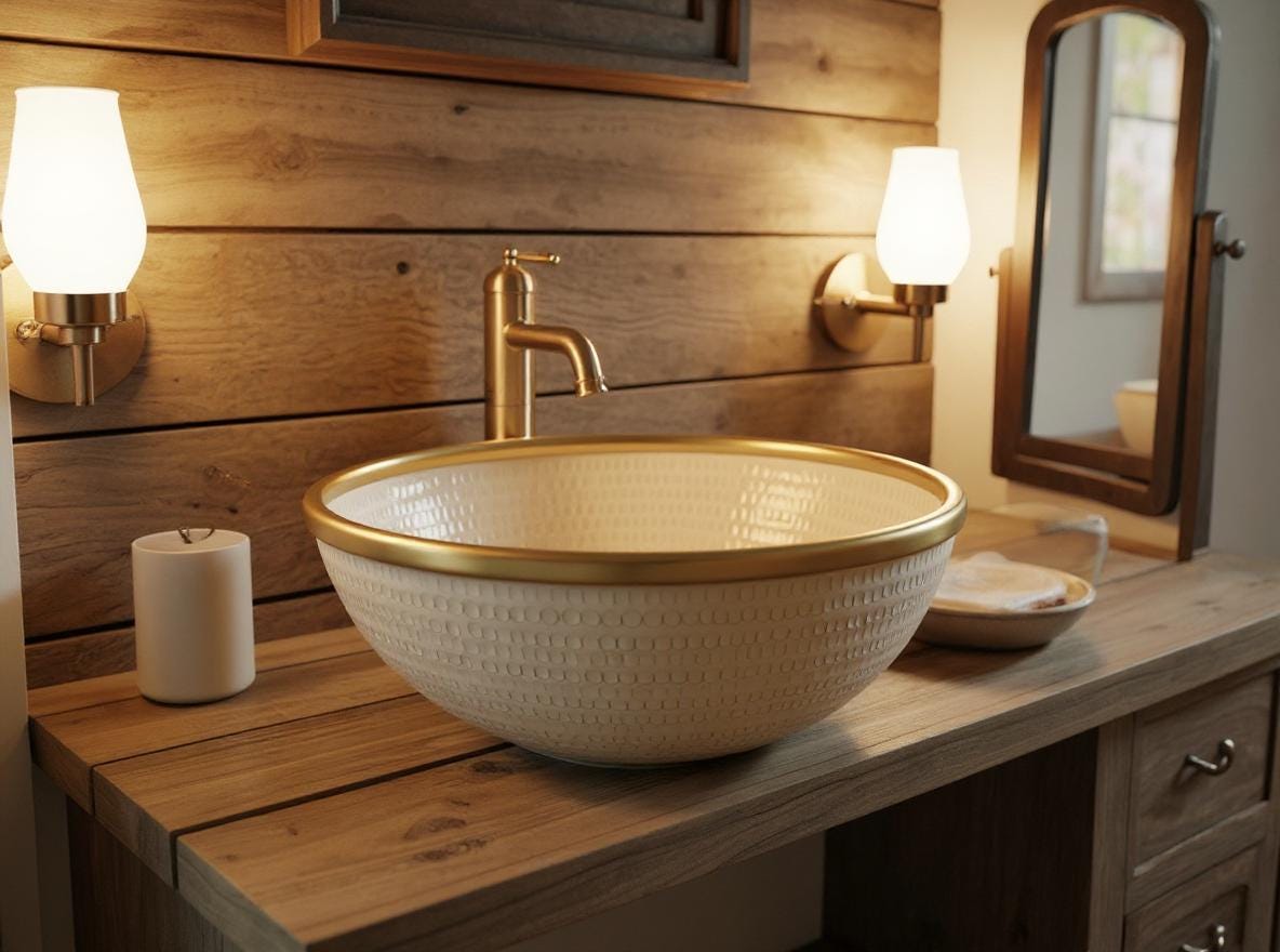 Handmade White Ceramic Vessel Sink with Brass Rim – Modern Moroccan Bathroom Bowl