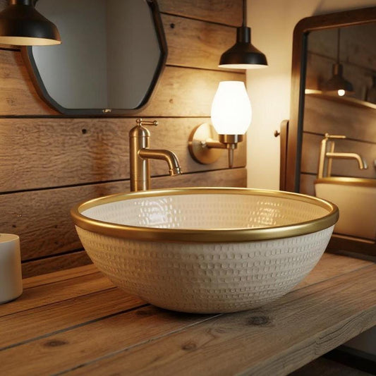 Handmade White Ceramic Vessel Sink with Brass Rim – Modern Moroccan Bathroom Bowl