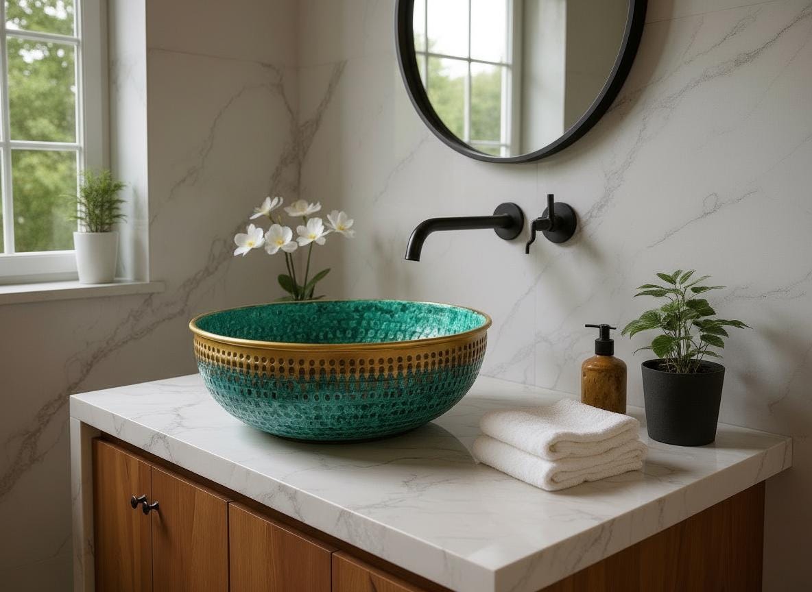 Handmade Green Patina Brass Sink – Moroccan Vanity Bowl with Gold Rim