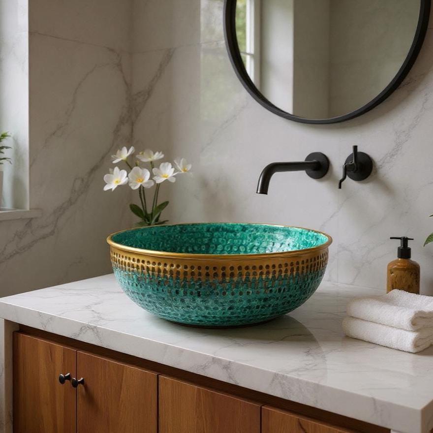 Handmade Green Patina Brass Sink – Moroccan Vanity Bowl with Gold Rim