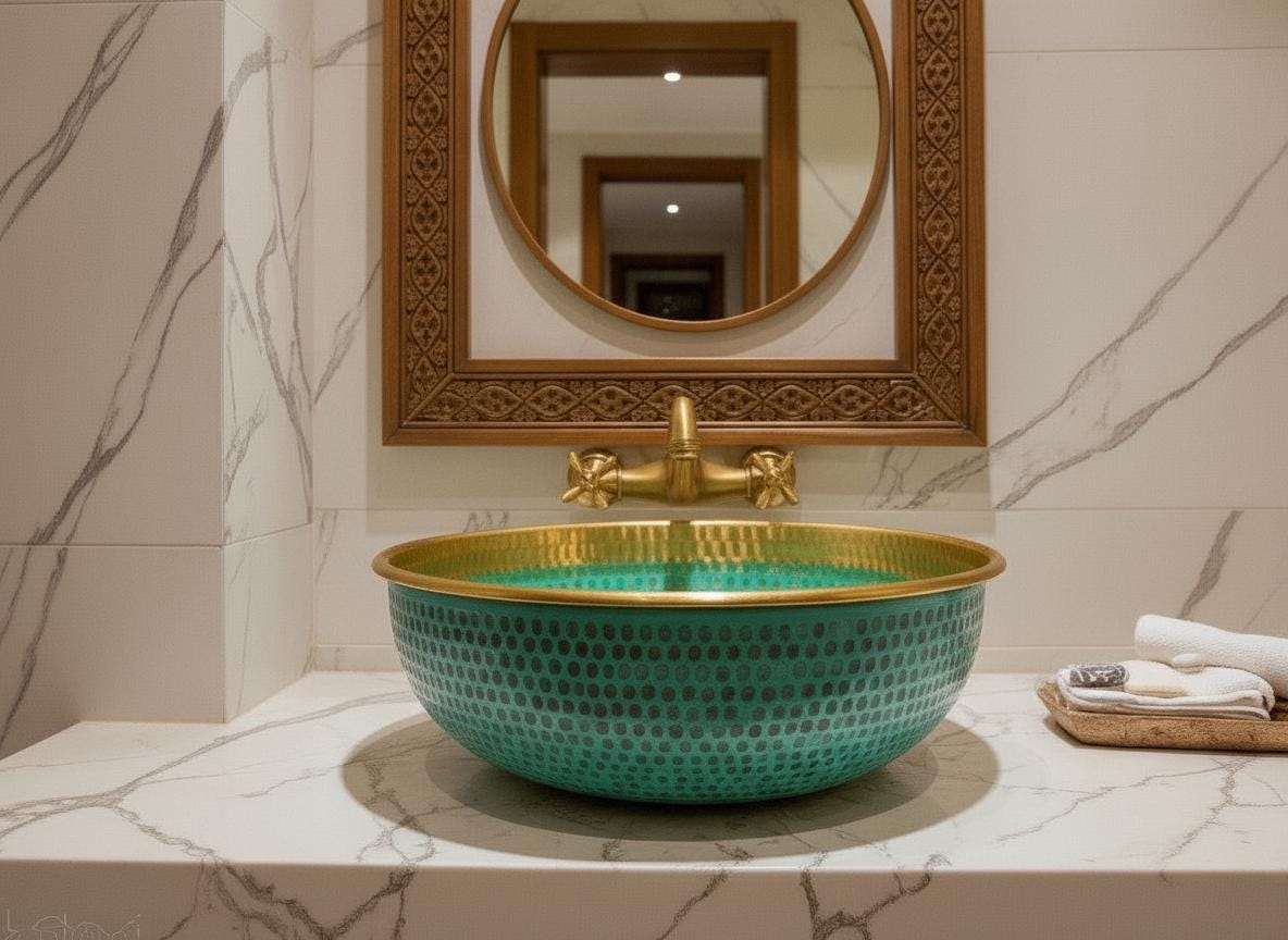 Handmade Green Patina Brass Sink – Moroccan Hammered Vessel Basin with Gold Rim | Round Bathroom Vanity Bowl | Artisanal Copper Sink