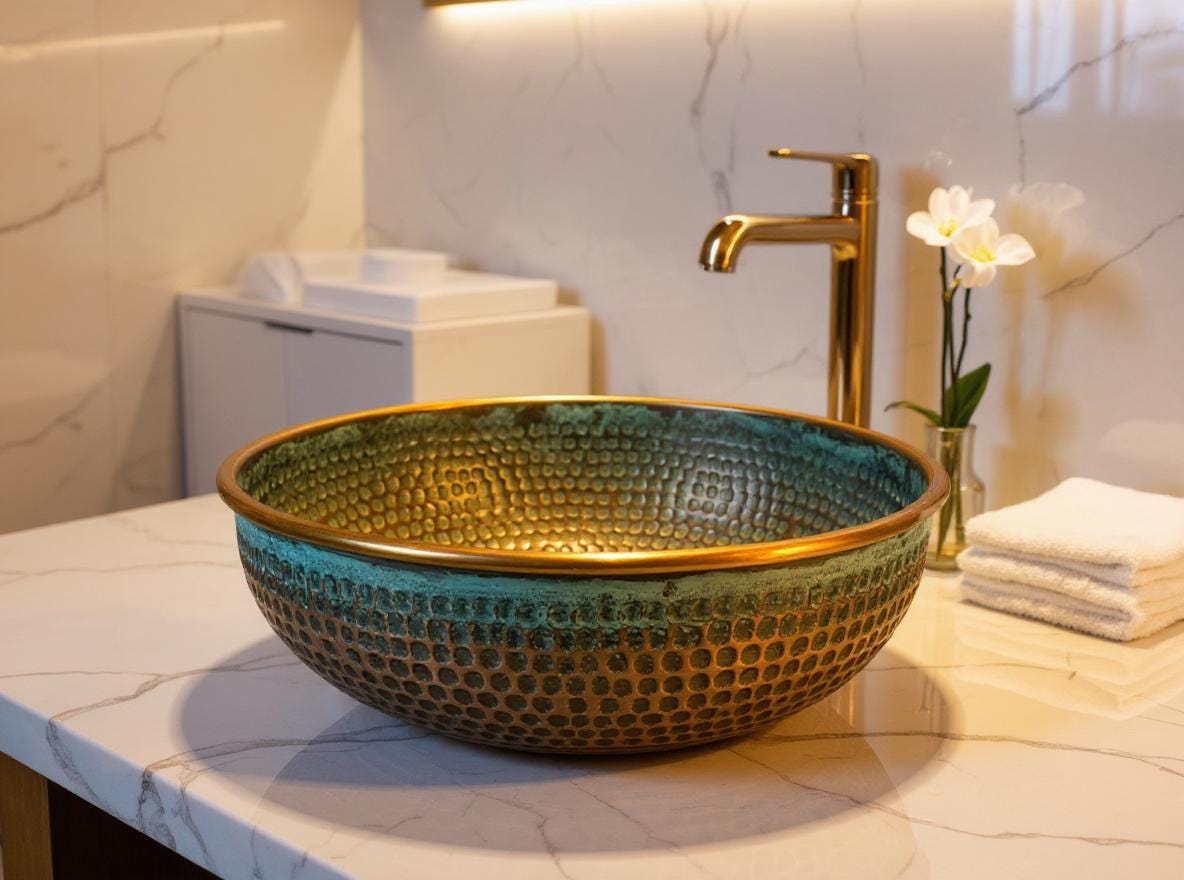 Handmade Green Patina Brass Sink – Moroccan Hammered Vessel Bowl
