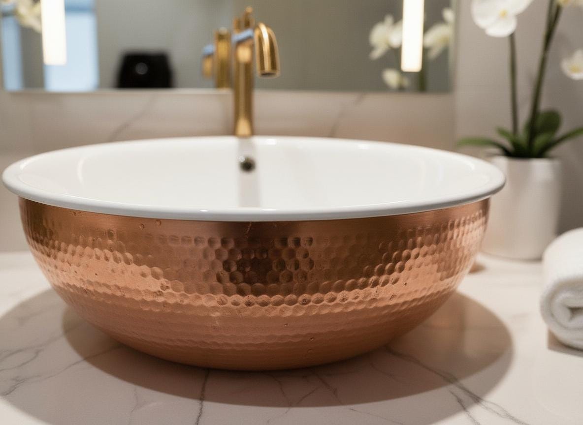 Handmade Hammered Copper Sink – White Brass Interior, Moroccan Farmhouse Vessel