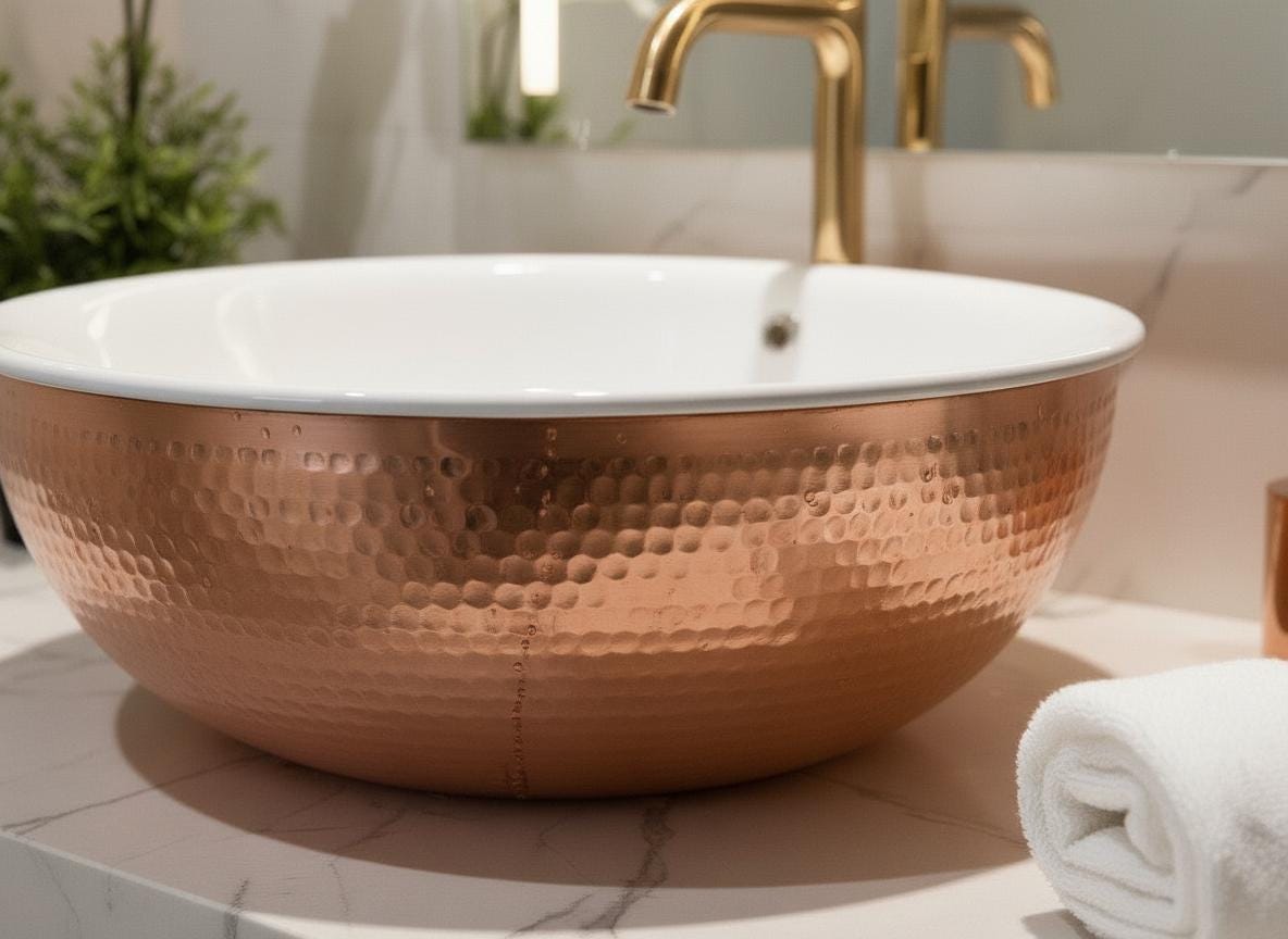 Handmade Hammered Copper Sink – White Brass Interior, Moroccan Farmhouse Vessel