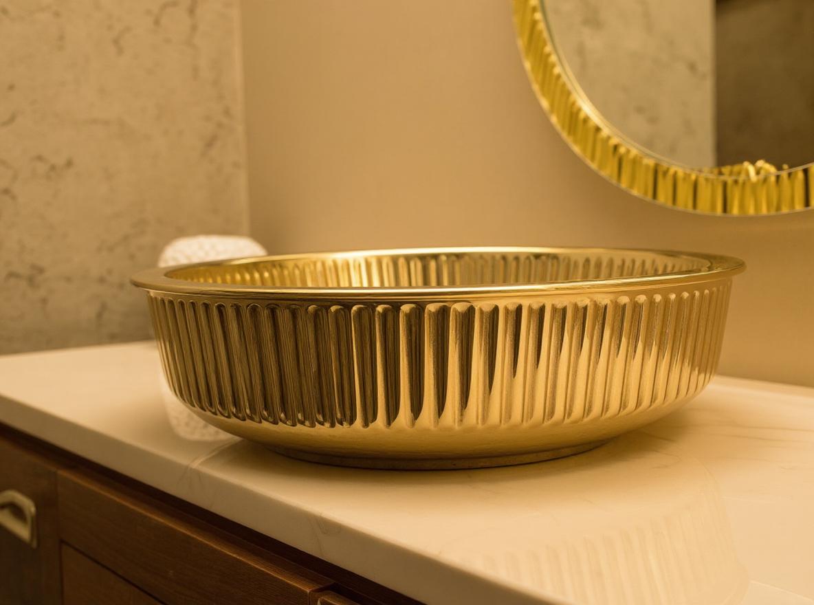 Handcrafted Polished Brass Vessel Sink, Modern Fluted Gold Bathroom Basin