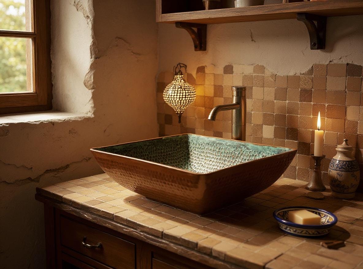 Handmade Hammered Copper Sink – Square Green Patina Vessel Basin