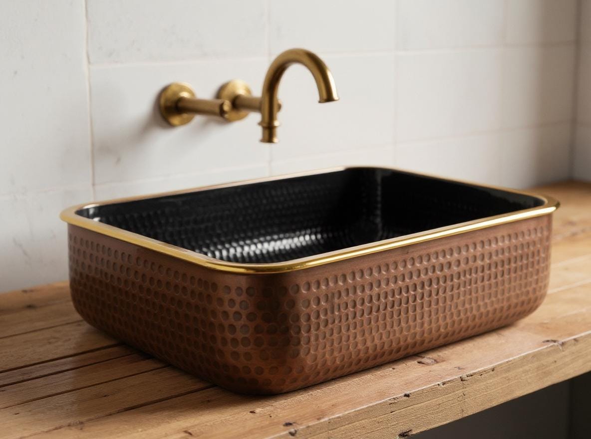 Rectangular Hammered Copper Sink with Black Interior – Handmade Brass Rim Vessel Basin, Modern Moroccan Bathroom Vanity Sink