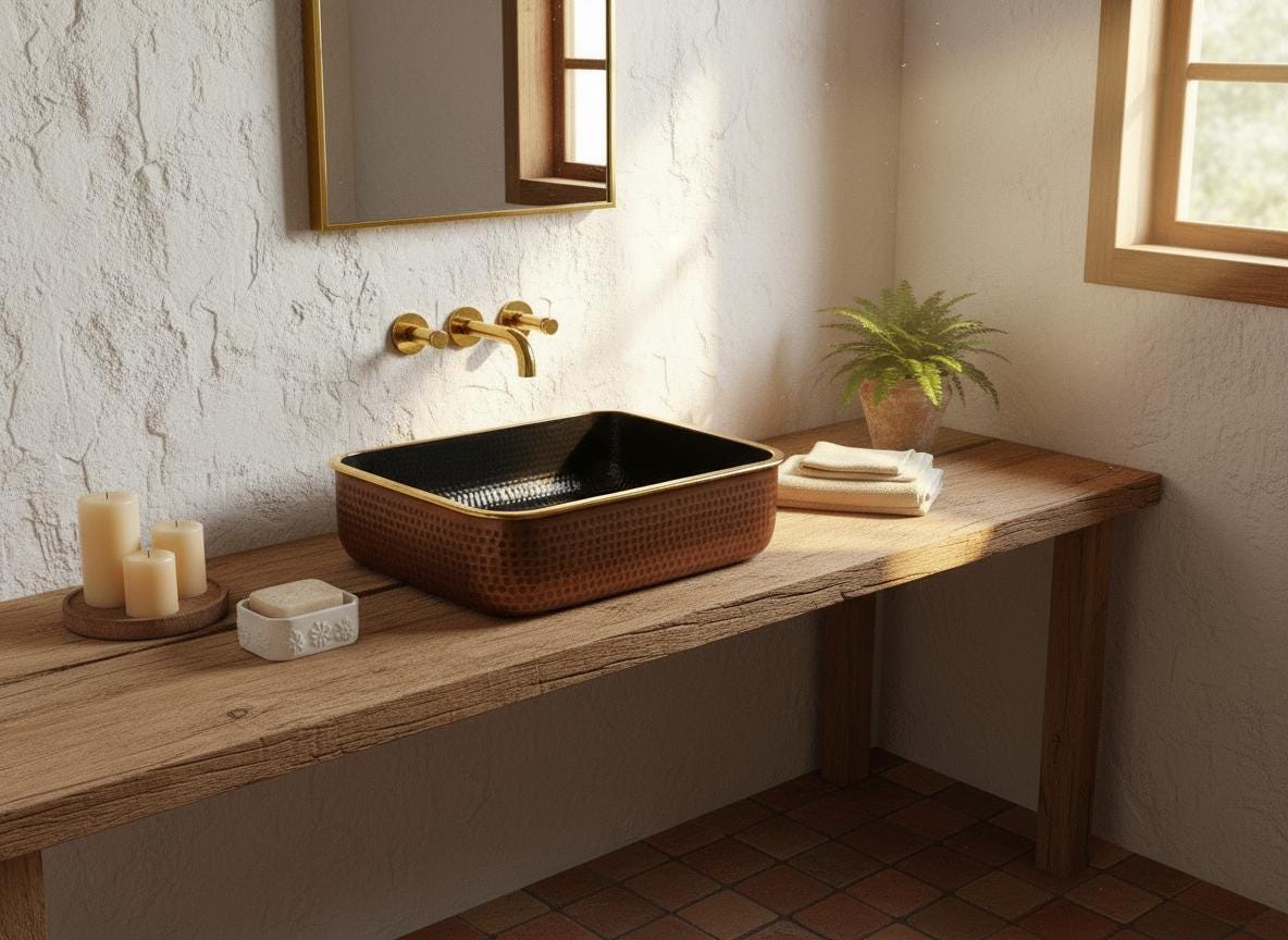 Rectangular Hammered Copper Sink with Black Interior – Handmade Brass Rim Vessel Basin, Modern Moroccan Bathroom Vanity Sink