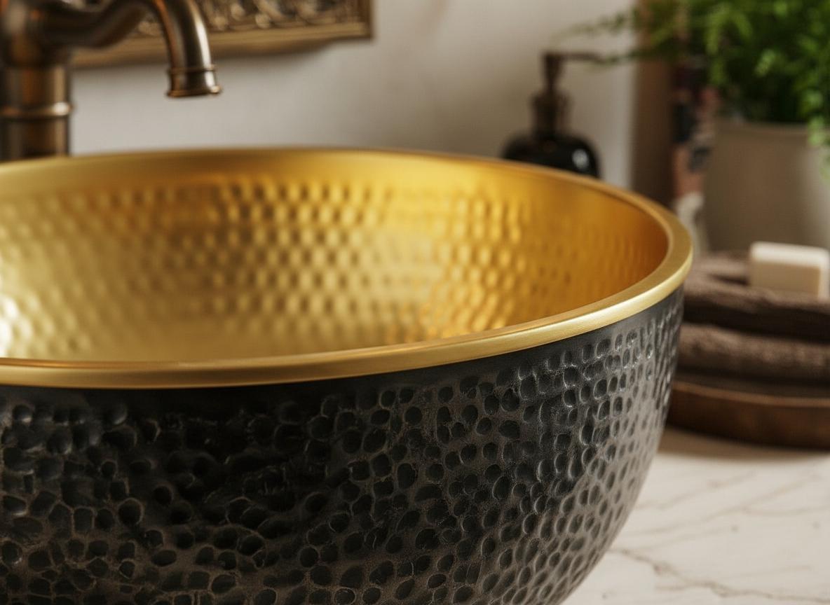 Handmade Hammered Brass Sink – Black and Gold Moroccan Vessel Basin